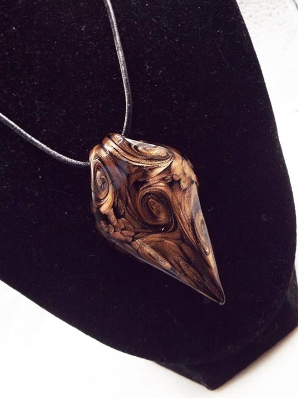 MURANO VENETIAN ART GLASS GOLDEN COPPER & BLACK TURNED LEAF PENDANT NECKLACE 21 - Picture 2 of 2